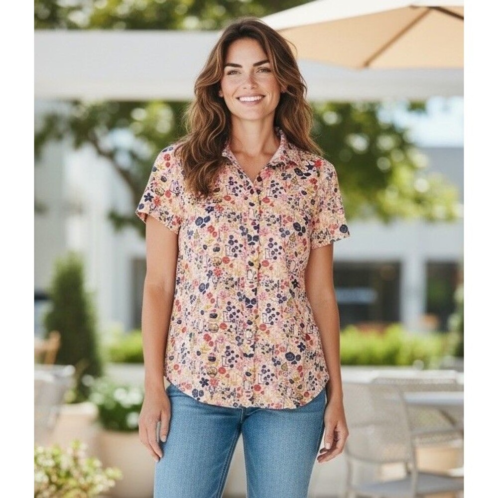 Duluth Trading Co Sidewinder Short Sleeve Button Down Women’s Small Garden Theme